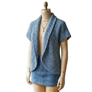 Vintage Blue Variegated Knit Cardigan - Gold Thread Cotton Summer Shrug-Petite S
